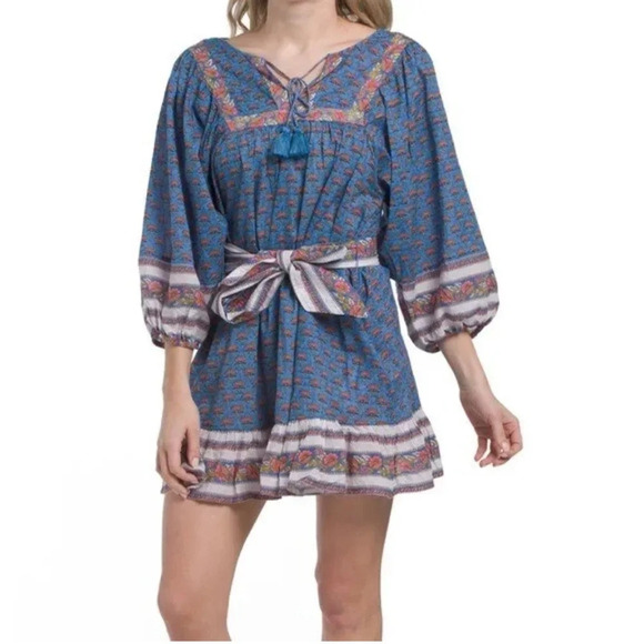 Cleobella Magdalena Mini Dress Lotus Blue Pink Mixed Printed Tie Waist S New